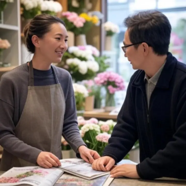 Florista egyedi virágkompozíciót tervez ügyfélkérés alapján