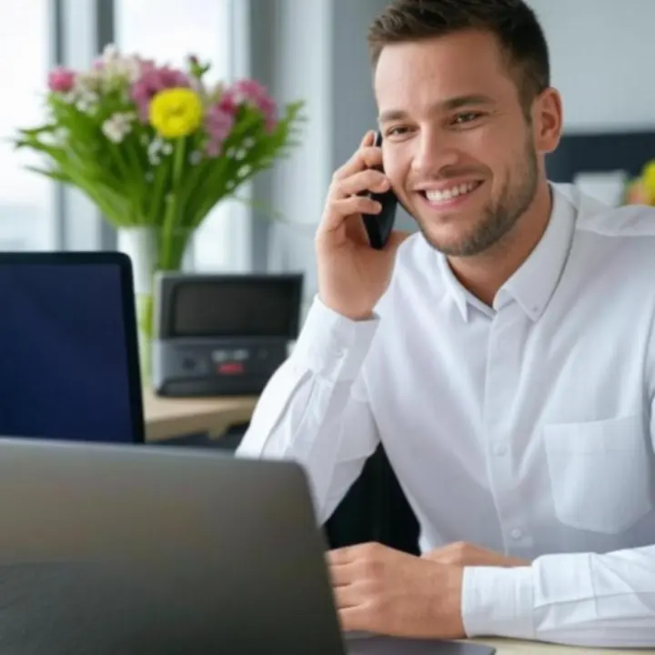 Mosolygó ügyfélszolgálati munkatárs virágüzletben, telefonos segítséget nyújtva