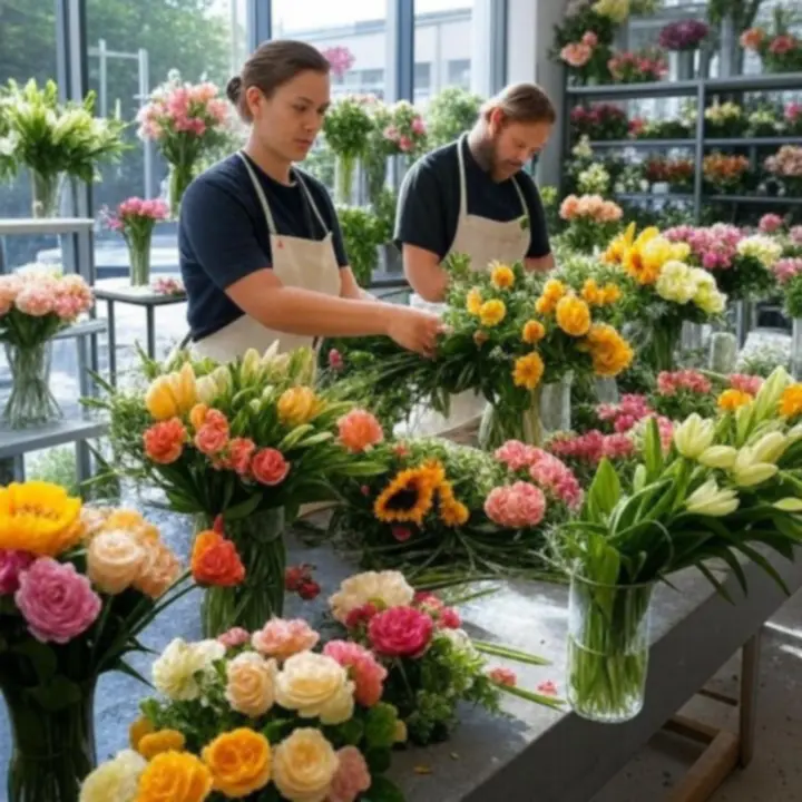 Loveely Blooms virágkötő csapat munka közben elegáns virágkompozícióval