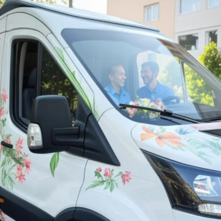 Loveely Blooms kiszállító furgon friss virágcsokrokkal