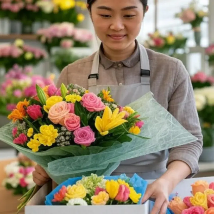 Gondosan csomagolt Loveely Blooms virágcsokor biztonságos kiszállításhoz előkészítve.