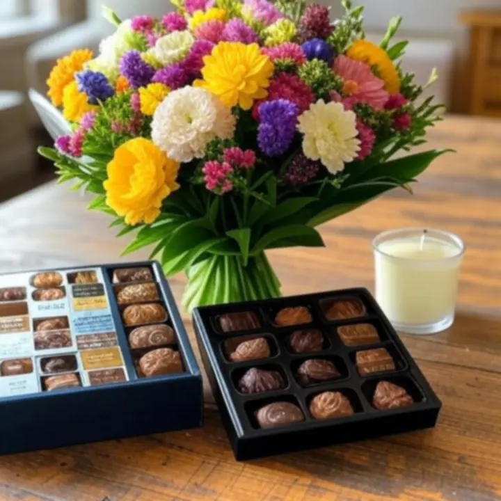 Virágcsokor ajándékcsomaggal – csokoládéval és gyertyával kombinálva.