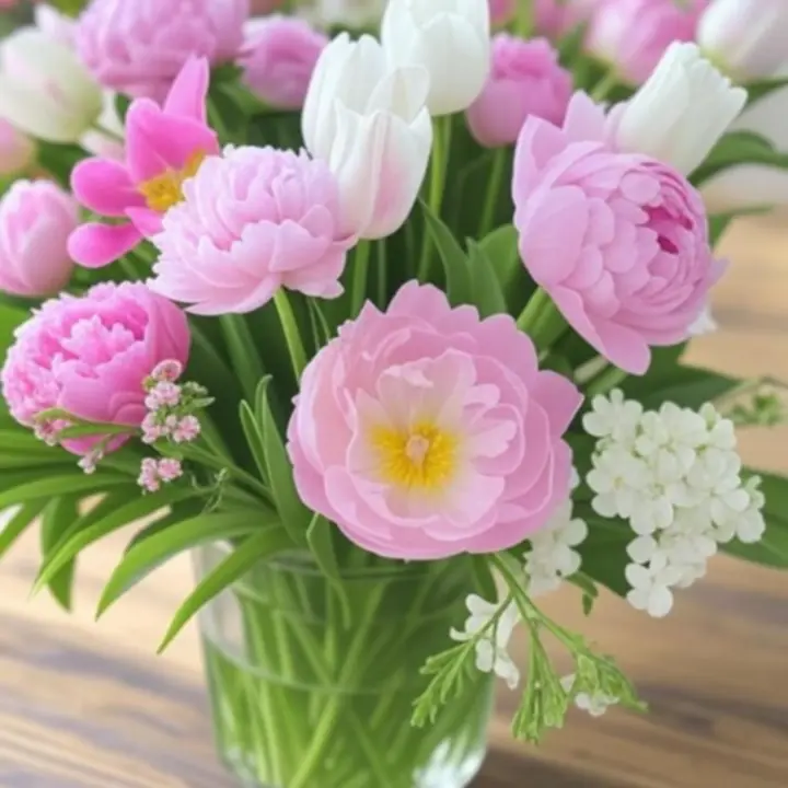 Tavaszi hangulatú szezonális virágkompozíció Loveely Blooms stílusban.