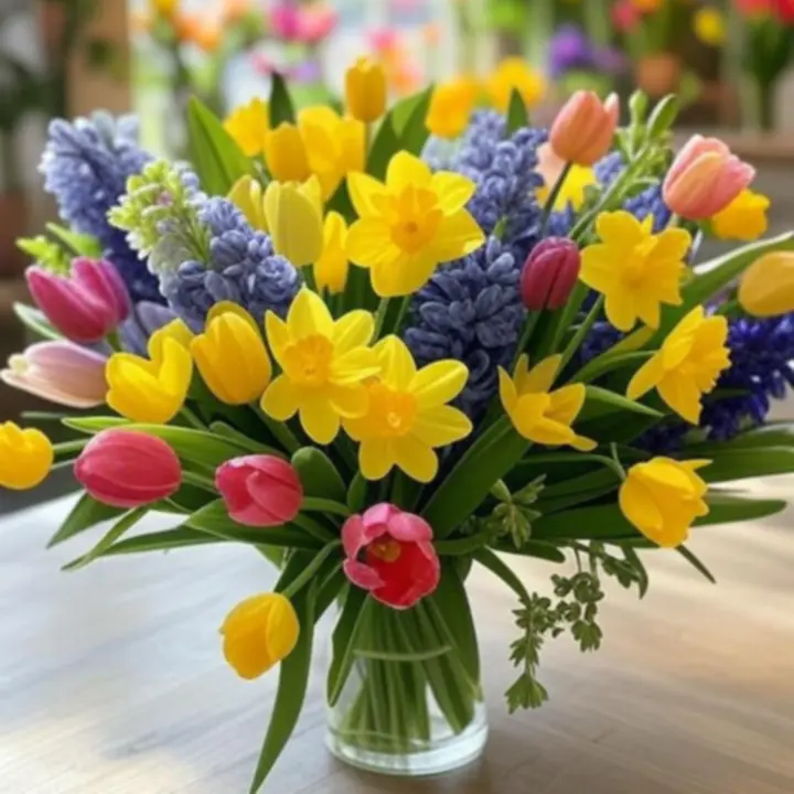 Tavaszi virágcsokor kiállítva egy elegáns asztalon