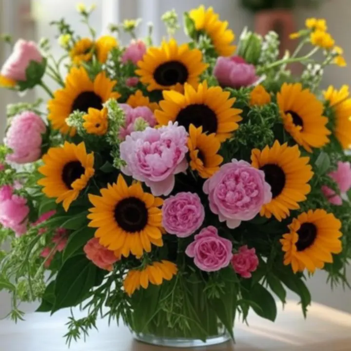 Nyári virágkompozíció asztalon napraforgóval és rózsával